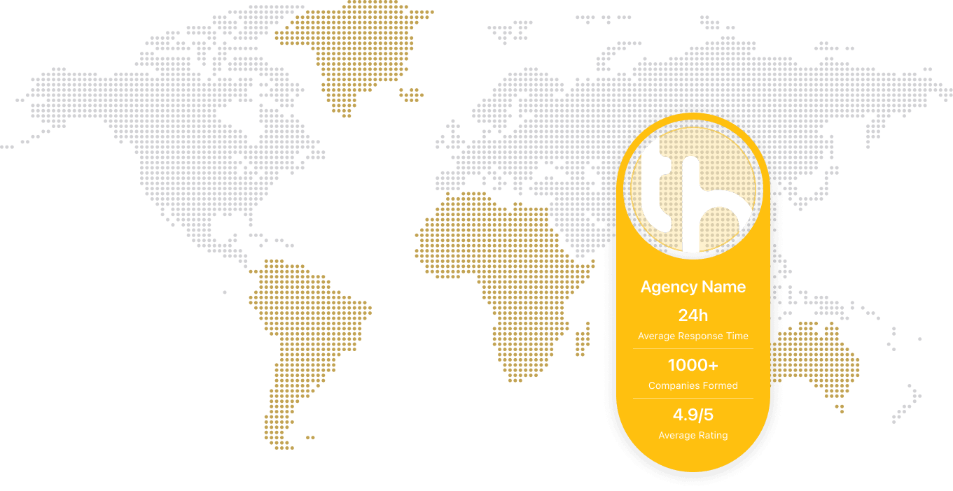 A world dot-map highlighting the regions Thosela serves, with a stat card showing 24 hour average response time, 1000+ companies formed, and a 4.9 out of 5 average rating.